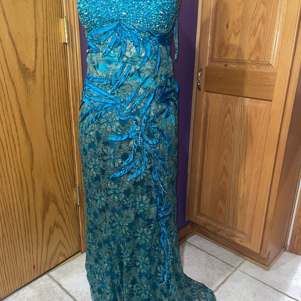 Aspeed Teal Beaded Floral Lace Evening Gown
